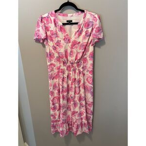 Talbots Women's Pink Fuschia Floral Dress Size 8 Flutter Sleeve Flowy Midi